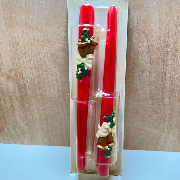Vintage Christmas 8” Red Taper Candles With Decorative Bells & Holly Set Of 2 - Picture 4 of 11